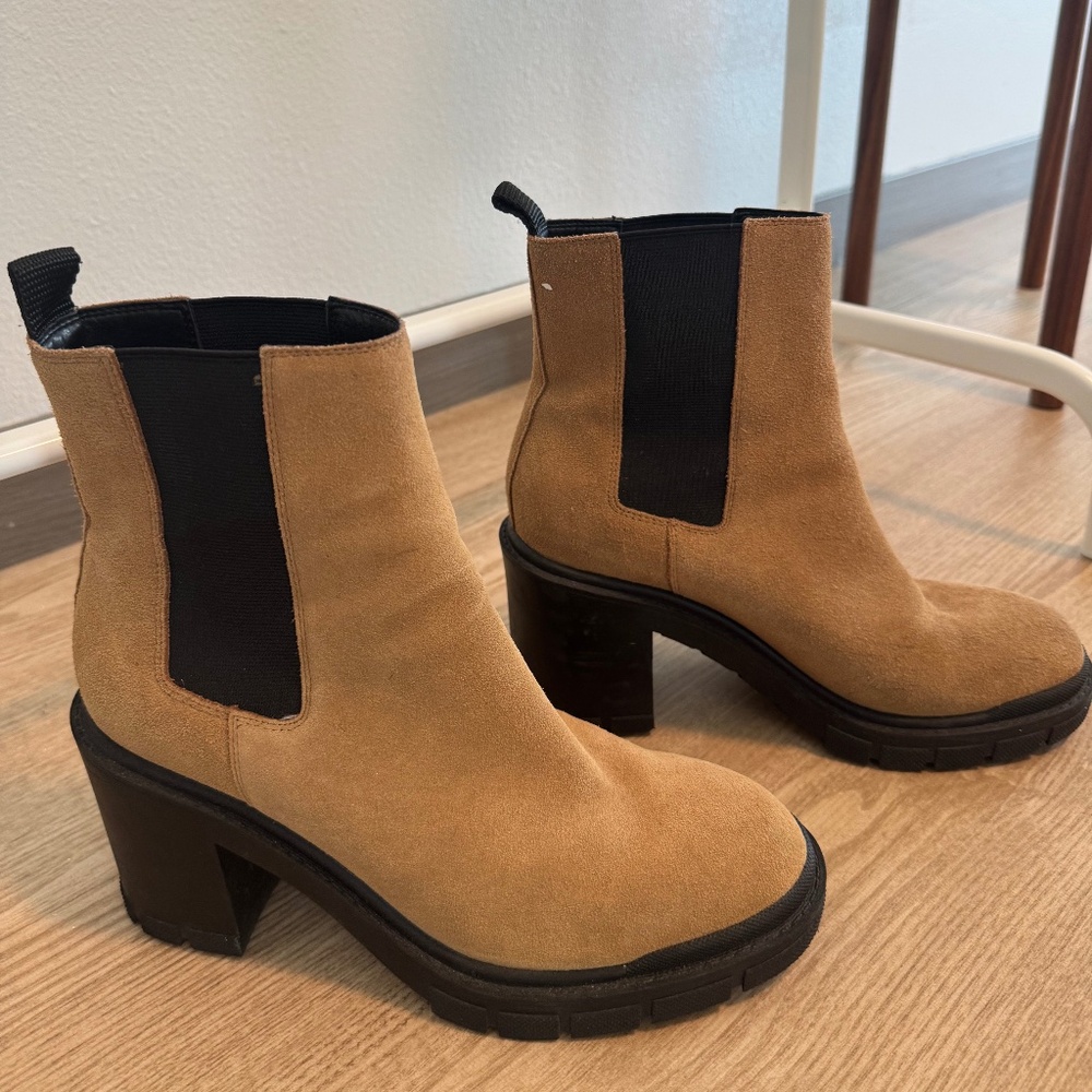Tan Suede Chunky Heel Chelsea Boots
